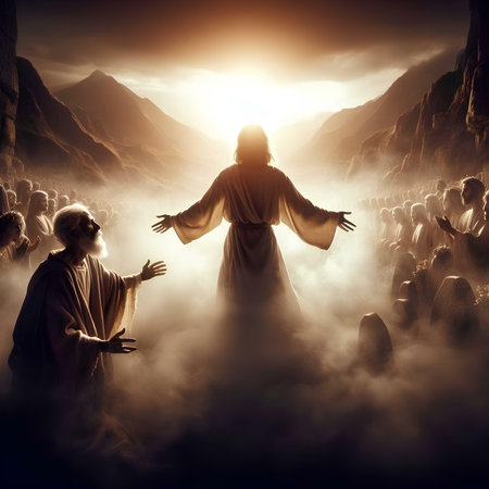 Jesus Christ in the light of the sun on the background of a flock of peopleの素材