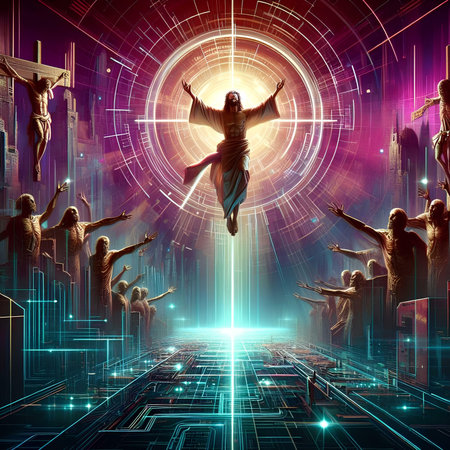 Composite image of a man jumping in front of a digital backgroundの素材