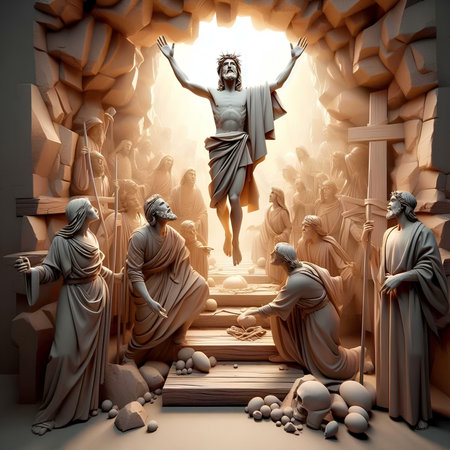 Jesus Christ on the cross in the stone cave. 3D renderingの素材