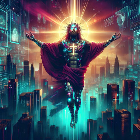 Cyborg with glowing eye on city background. 3d illustration.の素材