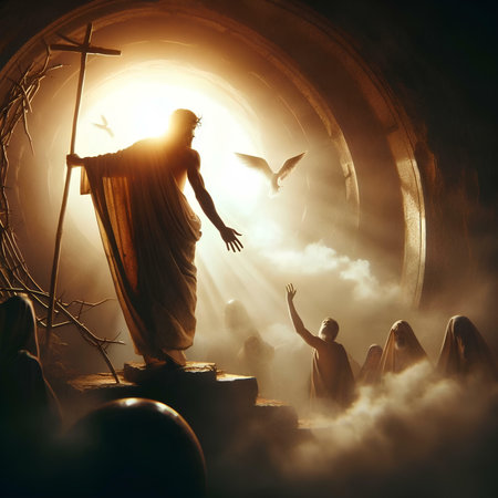 Jesus Christ in the dark tunnel with a cross. 3D renderingの素材