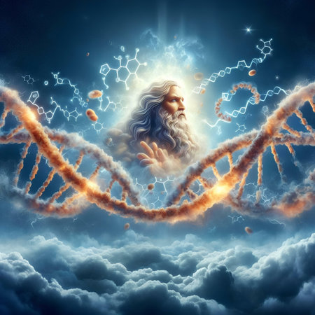 Conceptual image of man with long hair and DNA molecule structureの素材