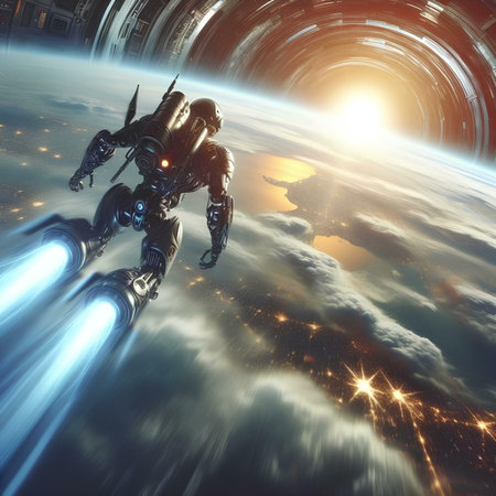 Astronaut in outer space. Futuristic cosmos. 3D renderingの素材