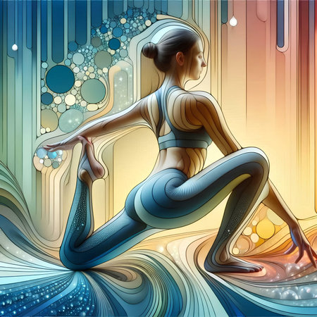 Illustration of a woman doing yoga asana on a colorful backgroundの素材