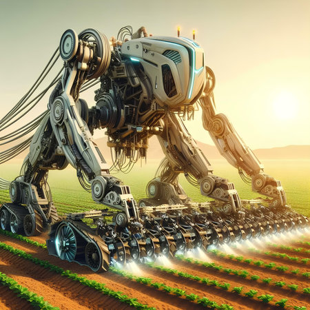 3D rendering of a robot working in the field at sunset.の素材