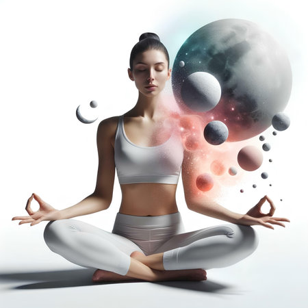 Young woman meditating in lotus pose with planets and stars aroundの素材