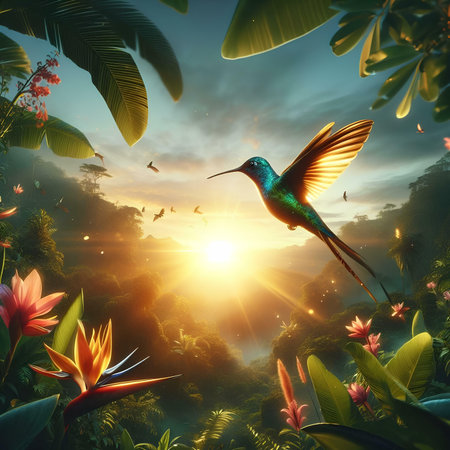 Hummingbird flying in the jungle at sunset. 3d renderingの素材