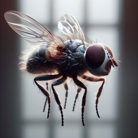 Fly on the window. 3D render. Shallow depth of field.の素材