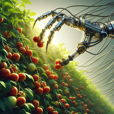 3d rendering of a robot working on a tomato plant in a greenhouseの素材