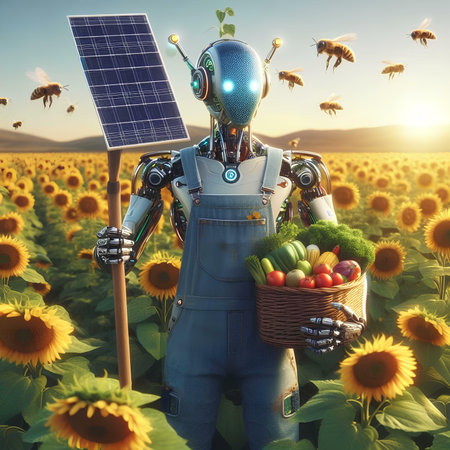 Robot holding a basket of fresh vegetables in the sunflower fieldの素材