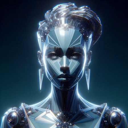 Cyborg woman 3d rendering on a dark background with blue lightsの素材