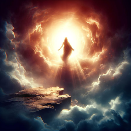 Silhouette of a woman walking towards the sun in the skyの素材