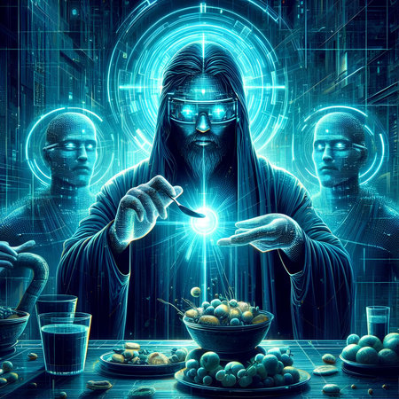 Science fiction illustration with a glowing man. 3d rendering toned imageの素材