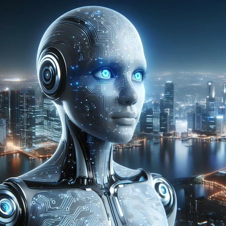 3d rendering humanoid robot with circuit board over cityscape at nightの素材