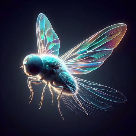 3d rendering of a blue fly isolated on a black background.の素材