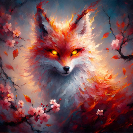 Watercolor painting of a fox surrounded by flowers. Digital painting.の素材