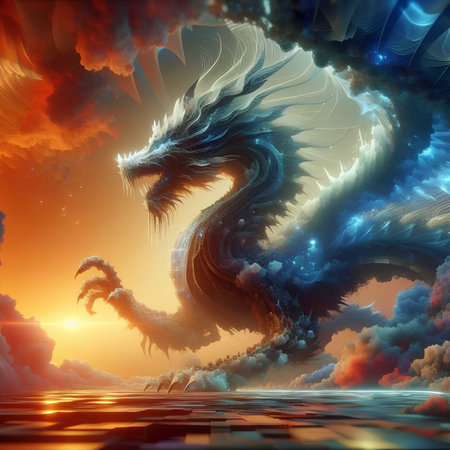 Dragon in the sea at sunset. 3D rendering. Computer digital drawing.の素材