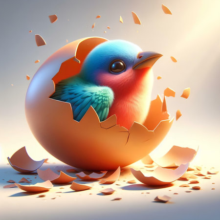 3d illustration of a small bird coming out of an eggshellの素材