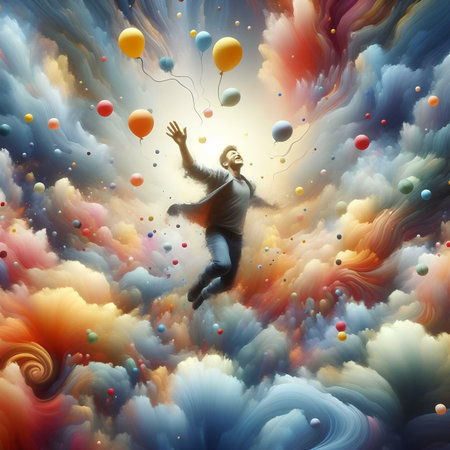 Man flying in the clouds with colorful balloons. 3D illustration.の素材