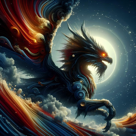 Fantasy dragon on the background of the night sky with clouds.の素材