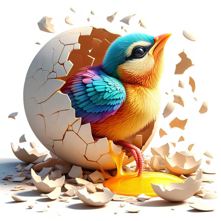 Cracked egg with cute bird on a white background. 3d renderingの素材
