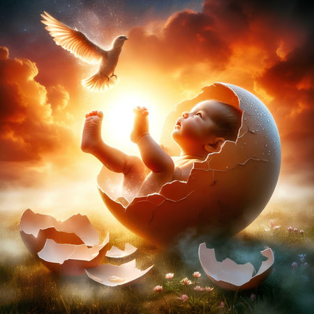Little baby in eggshell with flying dove. Easter holiday concept.の素材