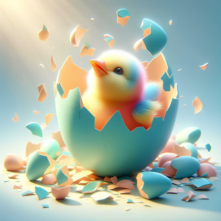 Easter chick coming out of a cracked egg. 3d renderの素材