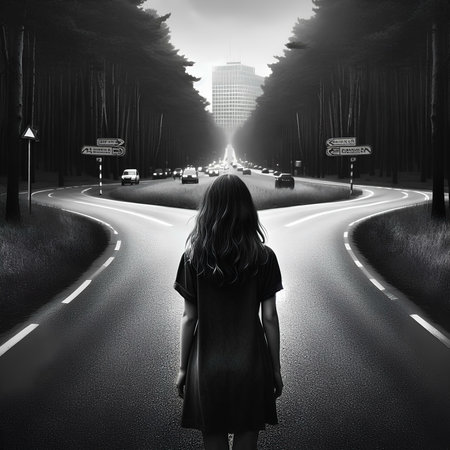 Young woman walking on the street at night. Conceptual image.の素材