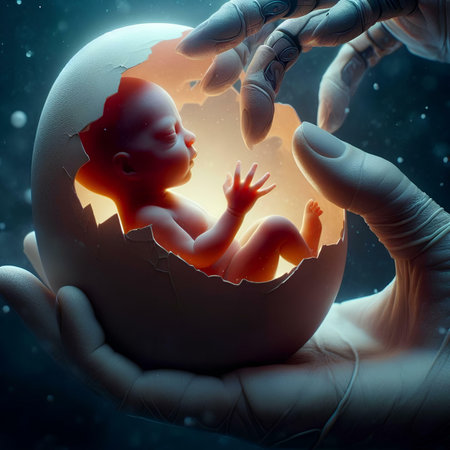 3d illustration of a human fetus inside an egg with the hands of a doctorの素材