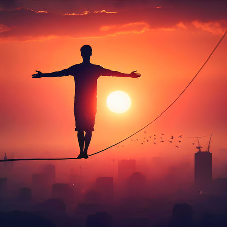Silhouette of a man balancing on a tightrope against the background of the city at sunsetの素材