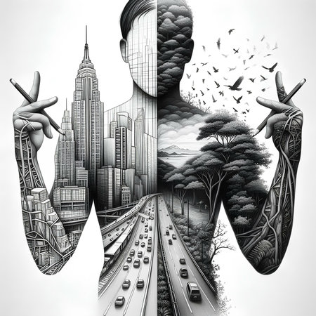 Man with city in his hand. Conceptual image. 3D renderingの素材