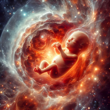 3D rendered illustration of a newborn baby in the outer space.の素材