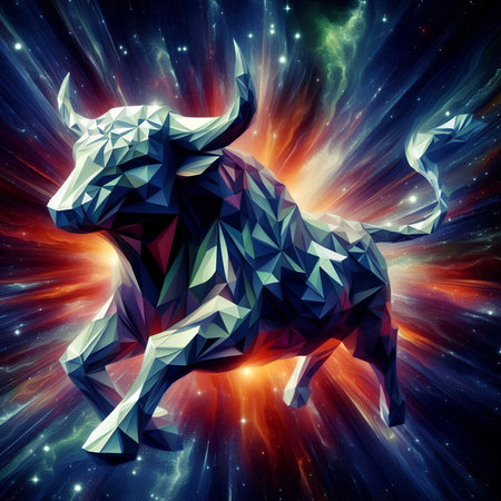 Abstract polygonal bull on a space background. 3d renderingの素材