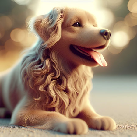 Cute Golden Retriever dog lying on the ground at sunsetの素材