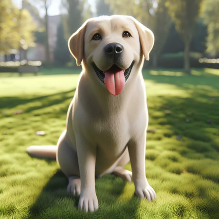 Cute yellow labrador retriever sitting on green grass in parkの素材