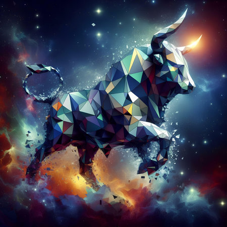 Abstract polygonal bull on space background. Fantasy low poly illustrationの素材