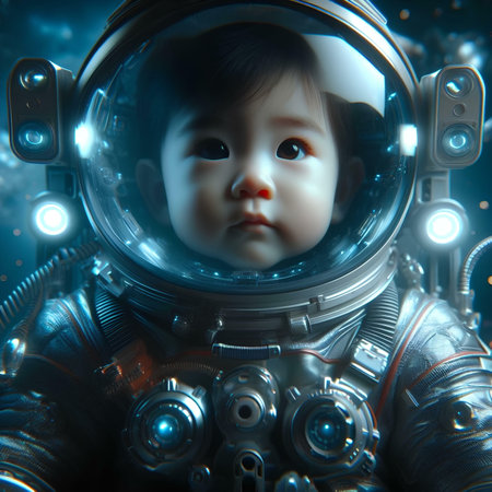 3D rendering of a cute little girl wearing an astronaut costume.の素材