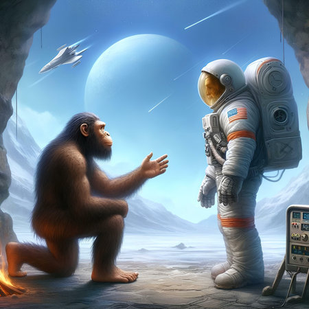 Cartoon illustration of a chimpanzee and astronaut in an alien planetの素材