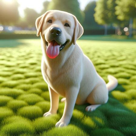 Labrador retriever puppy sitting on green grass. 3d renderingの素材