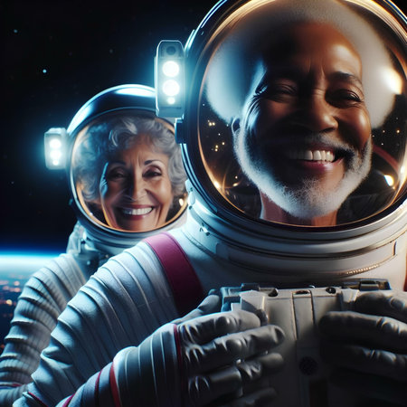 Happy senior couple of astronauts in outer space. Space travel concept.の素材