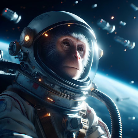 Portrait of a monkey in the space suit against the background of the planet.の素材