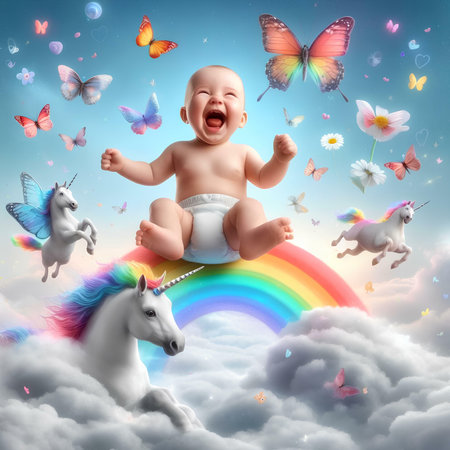 Cute baby boy sitting on a unicorn in the clouds with butterfliesの素材