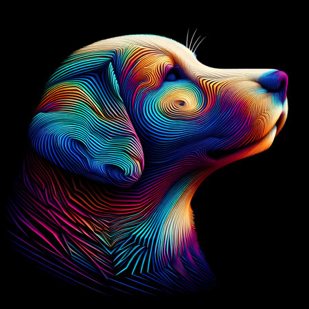 Dog head with abstract colorful pattern on black background. Vector illustration.の素材