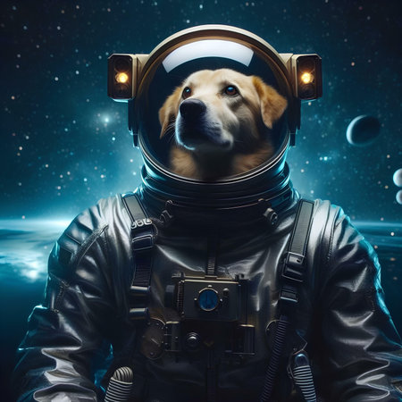 Astronaut dog in space. Portrait of a dog in space.の素材