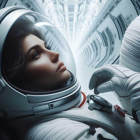 Portrait of a beautiful young woman astronaut in an astronaut helmet.の素材