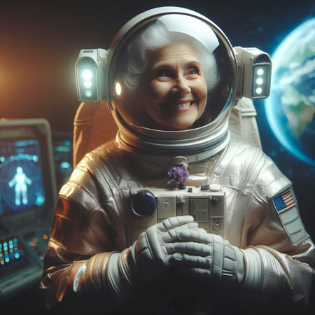 Portrait of senior woman cosmonaut in space suit. Elements of this image furnished by NASAの素材