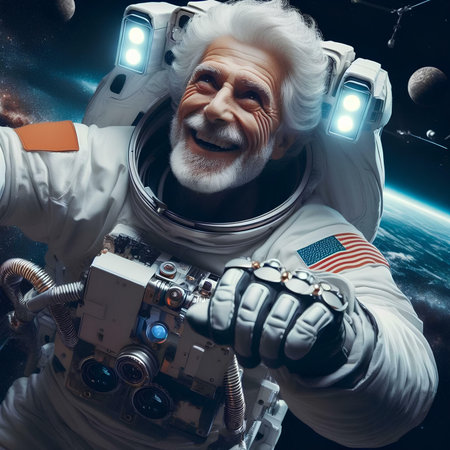 Portrait of happy senior man in spacesuit against space background.の素材