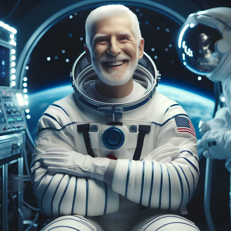 Portrait of a smiling astronaut in outer space. Space concept.の素材