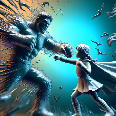 A 3D illustration of a little girl fighting with a superhero.の素材