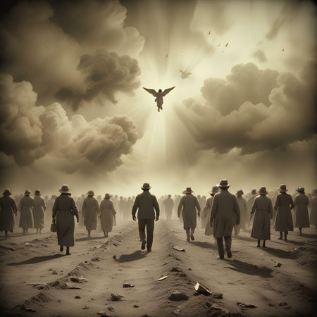 Vintage image of people walking on the road to heaven with a birdの素材